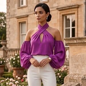 Boutique Vintage Keyhole Choker Off Shoulder Bishop Sleeve Satin Top